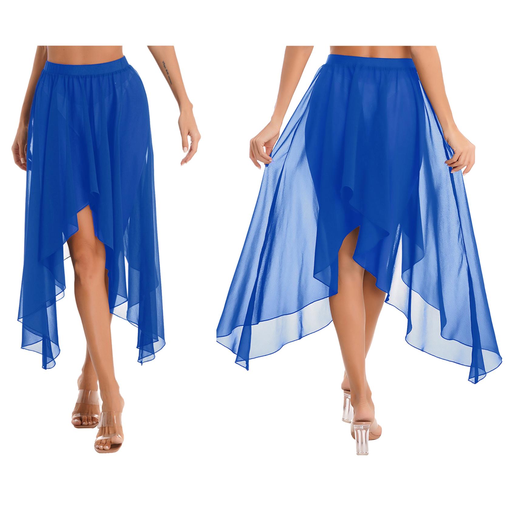 

Женские шифоновые длинные танцевальные юбки с высоким и низким вырезом, лирические танцевальные костюмы, юбки с разрезом по бокам королевский синий