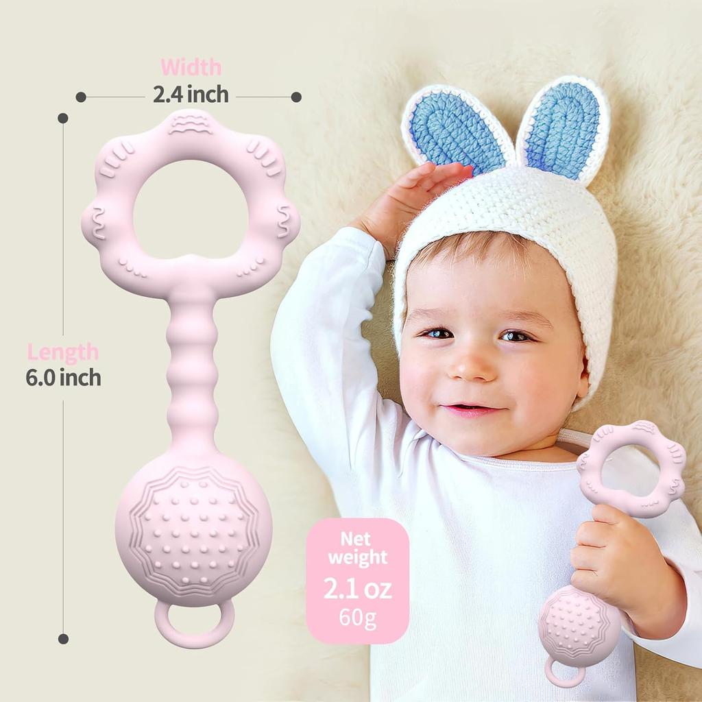 Zeguer 2-in-1 Baby Teether Toy, Soothes Gum Pain, Rattle Sound, Food-Grade Silicone, BPA-Free, Pink