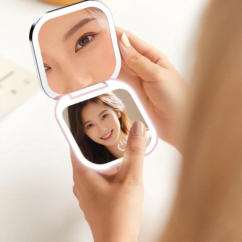 2 Face Sides Touch Compact Led 3 Colors Mini Foldable Cosmetic Charge Makeup Mirror with Light 3X Magnifying Compact Handheld