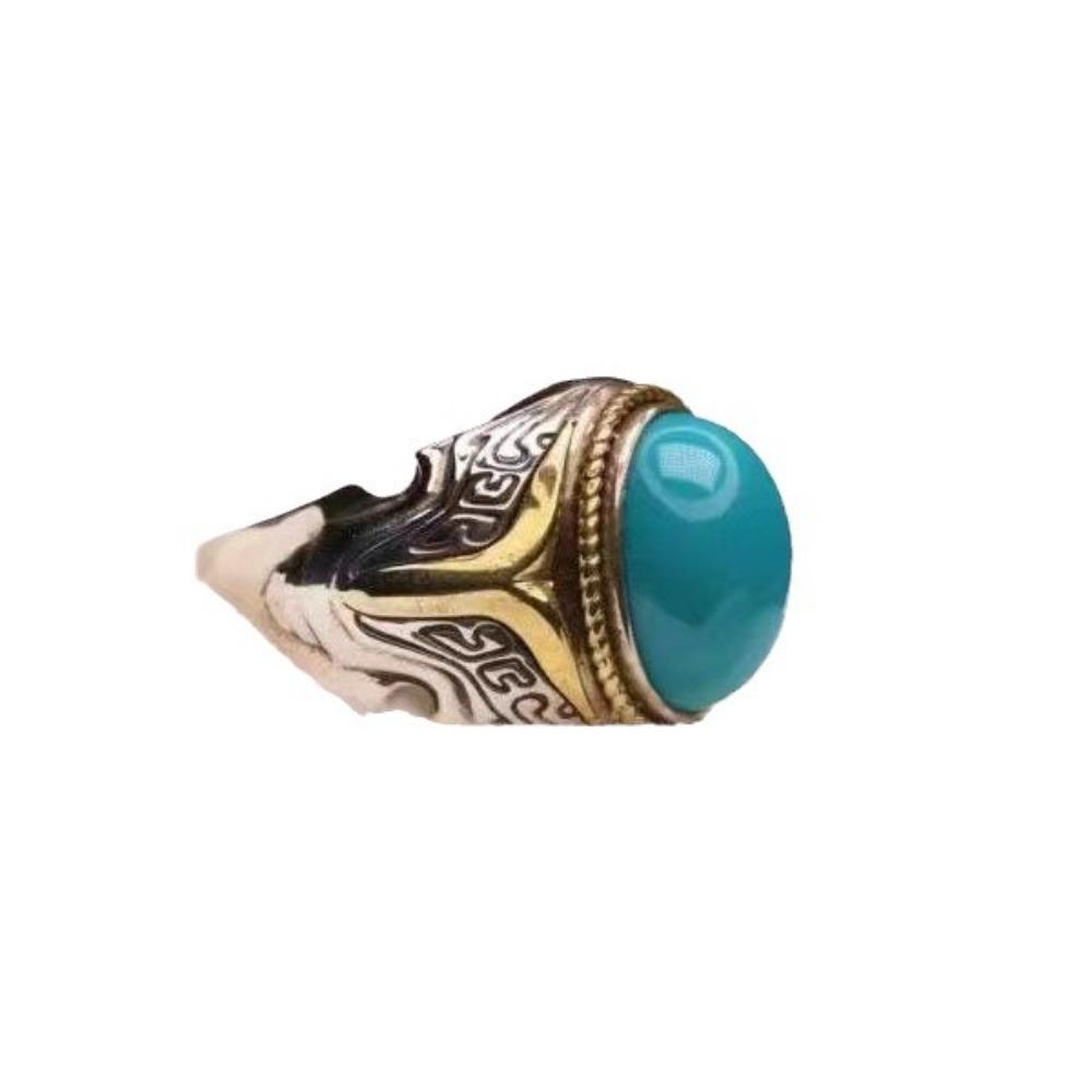 Imitation Turquoise Men's Ring Ring Silver-plated Ring Design Ethnic Style Mongolian Elements Retro