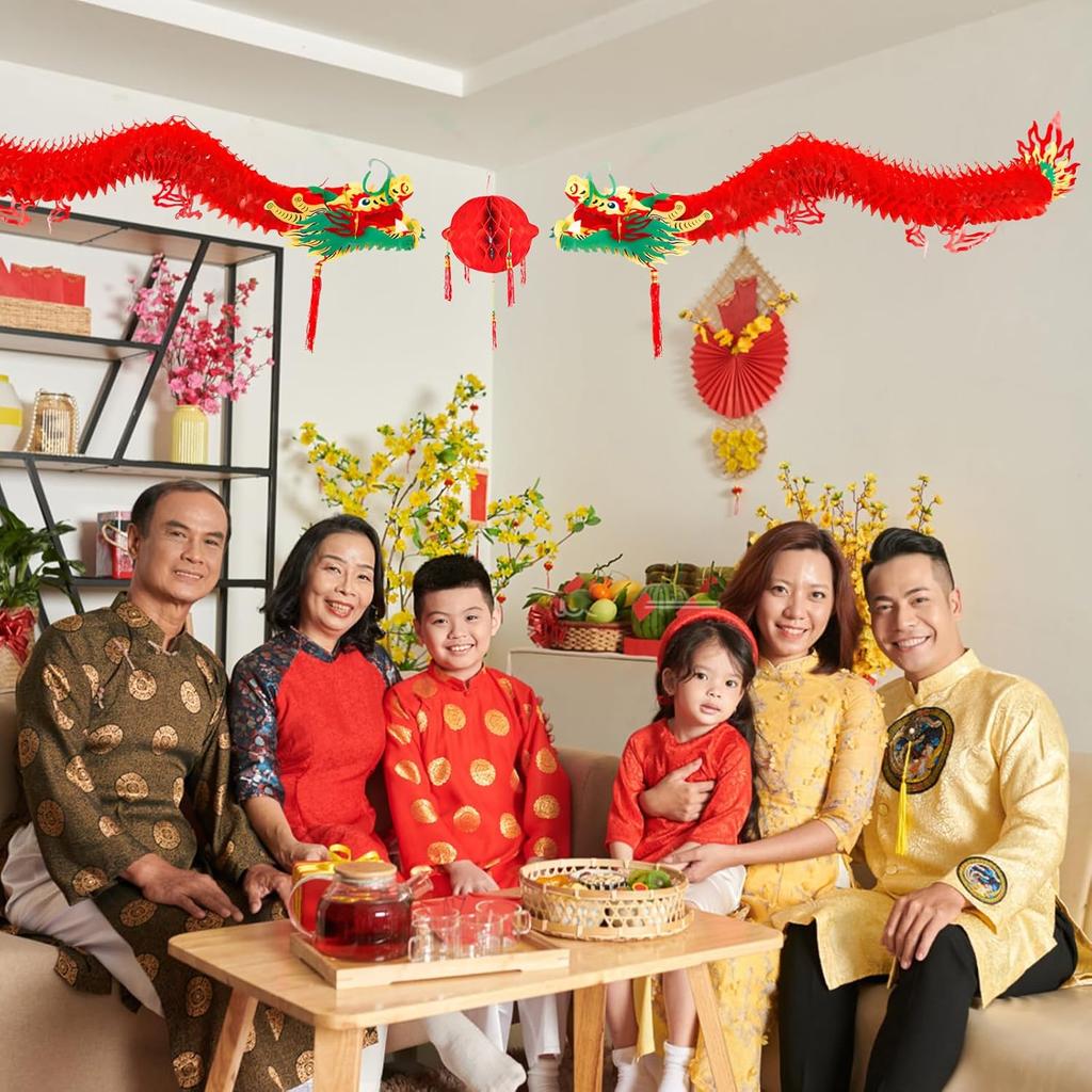 2pcs Chinese New Year Dragon, Chinese Dragon Garland Hanging Decoration with 1 Lantern for Spring Festival Lunar New Year Party Home, Shops,