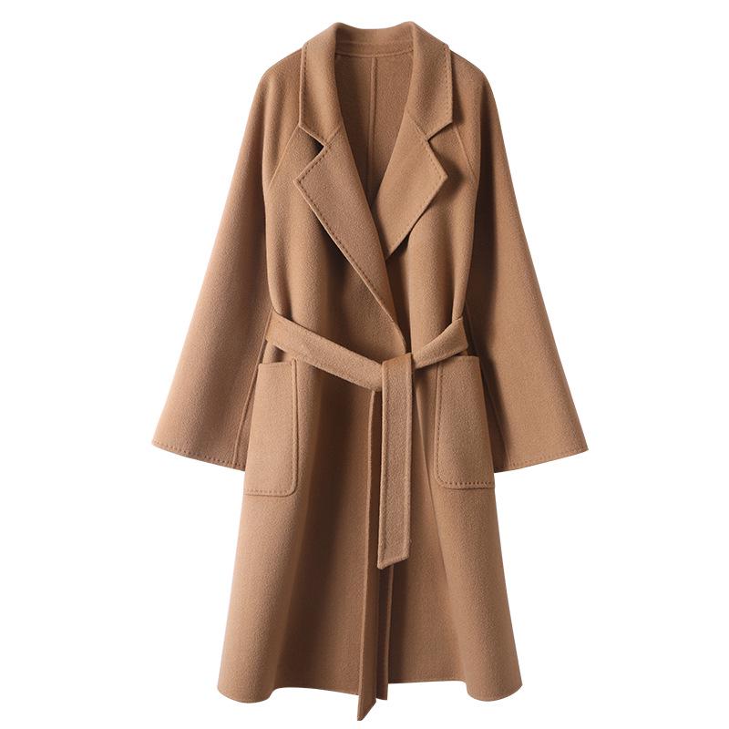 Women's Extra Long Double-Sided 100% Wool Coat with Belt for Autumn and Winter
