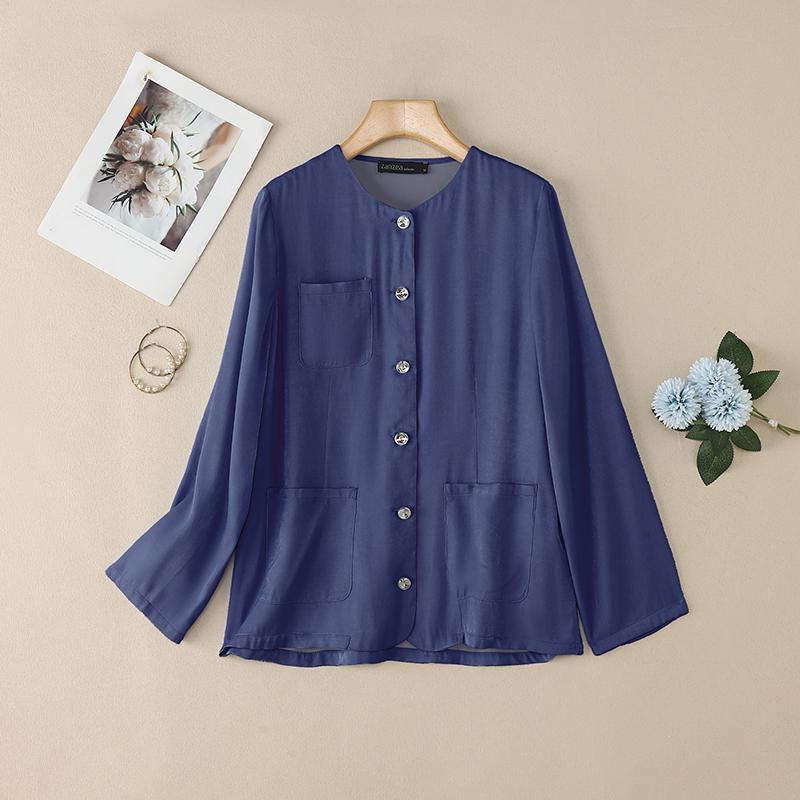 ZANZEA Women Casual Round Neck Solid Color Loose Long Sleeve Blouse