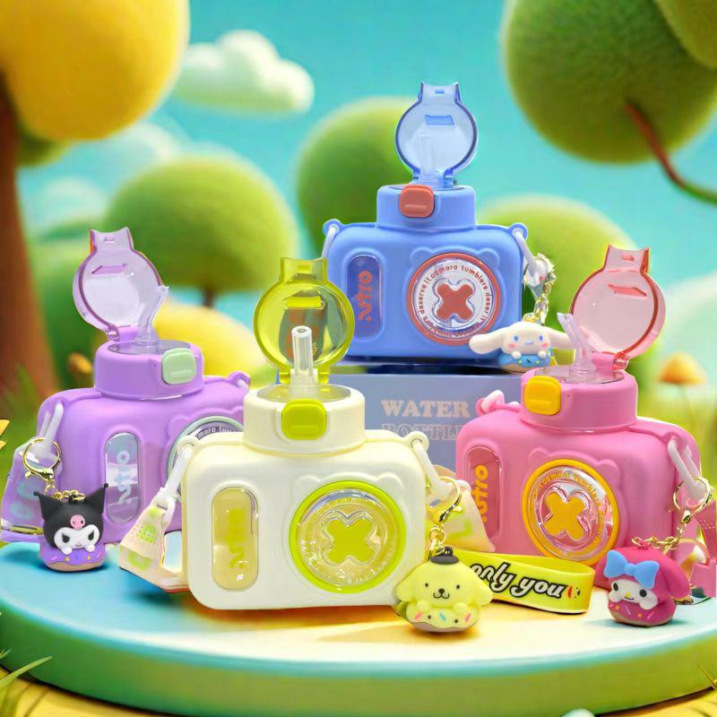Summer Kids' Cute Drop-Proof Camera Straw Cup - High Temperature Resistant Crossbody Water Bottle