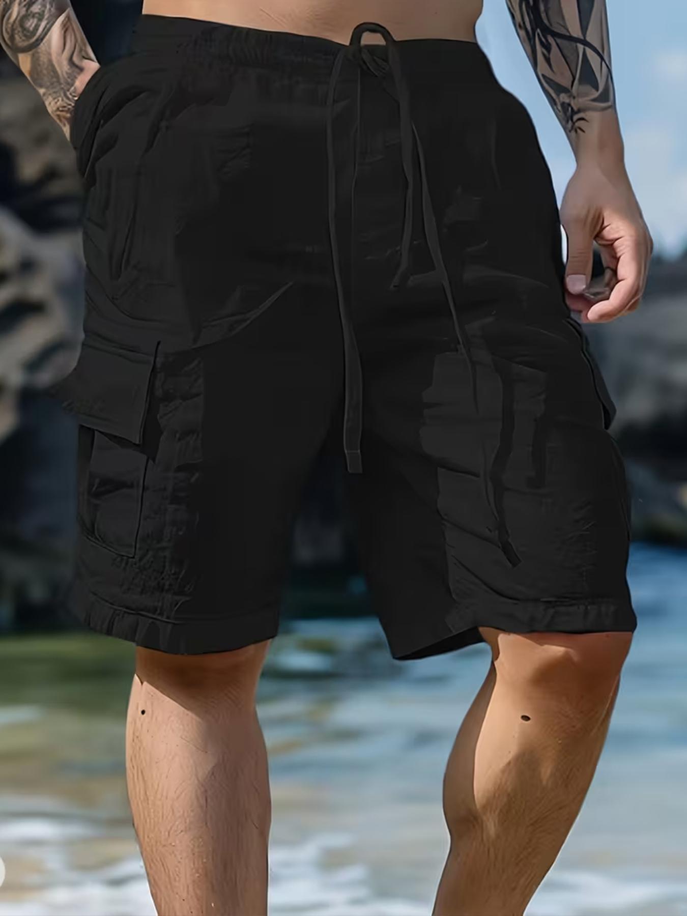 Herren Weiß Leinenmischung Cargoshorts - Elastischer Bund Kordelzug Lockerer Schnitt Lässig Atmungsaktiv Sommer Alltag Streetwear L schwarz