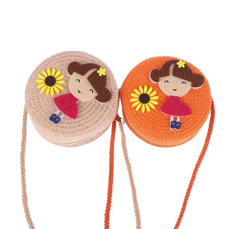 Children Flower Girl Straw Bag Crossbody Bag Handmade Woven Messenger Bag Straw Handbag Shoulder Bag Summer Kids Coin Purse