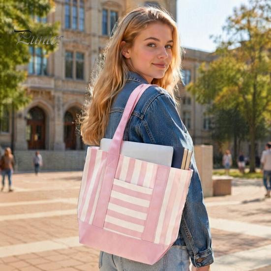 Multi-purpose Tote Bag Striped Canvas Bag, Stylish Reusable Grocery with Lightweight Front Pocket, Shoulder for Shopping Picnic Commuting Everyday