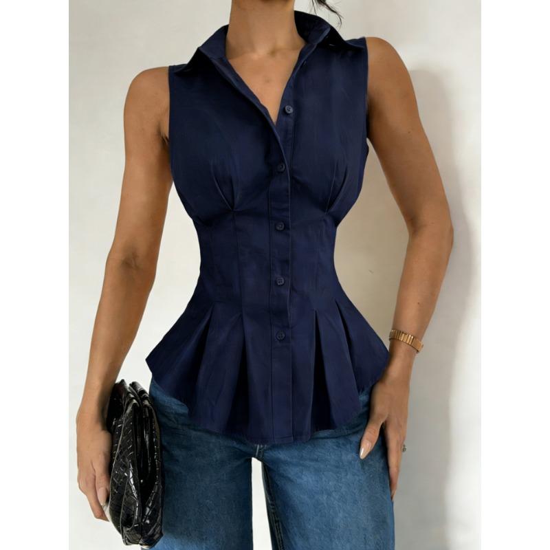 Womens Sleeveless Peplum Shirt With Collar And Button Down Detail Fitted Waist Casual Office Blouse
