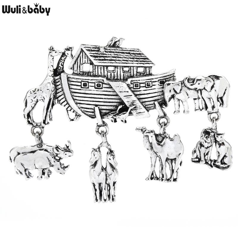 

Wuli&baby Animals in Noah s Ark Brooch Pins Shelter Boat Vintage Brooch Jewelry Gift Metal Badge срібний