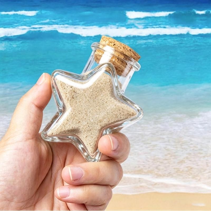 Decorative Glass Bottles With Cork Stopper Clear Glass Jar in Five-Point Form with Wood Cap,Display Bottle for Sand Candy and Paper Bits in Shelf or