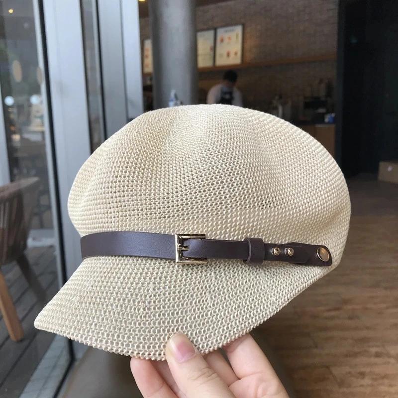 2025 Octagonal Cap Straw Women Summer Thin Newsboy Cap Painter Adjustable Rope Knitted Beret Mesh Breathable Beach straw hat