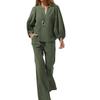 Women's Casual Long Sleeve Cotton Linen V-neck Straight Pants Two-piece Set