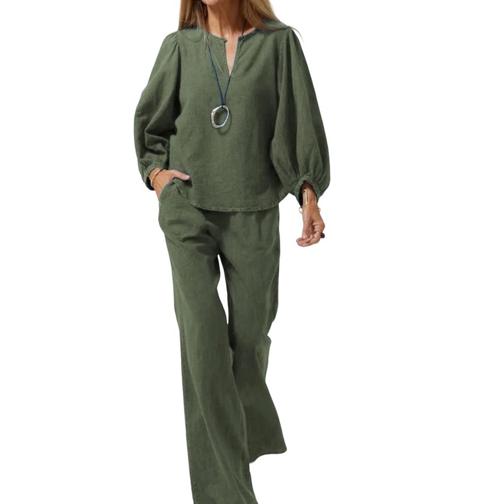Women's Casual Long Sleeve Cotton Linen V-neck Straight Pants Two-piece Set