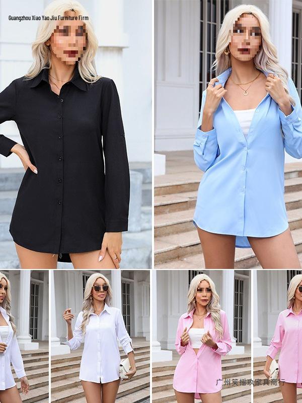 Women's White Chiffon BF Style Loose Mid-Length Long Sleeve Shirt