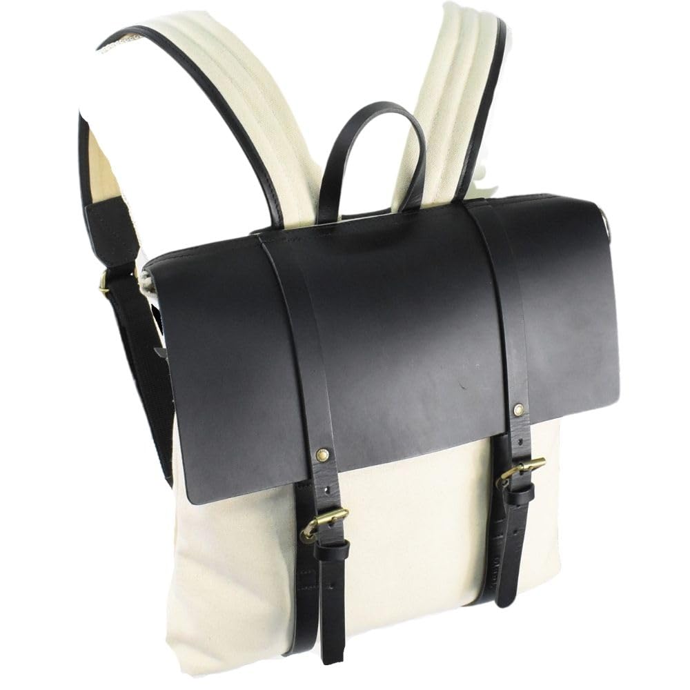 Chair Canvas and Leather Flap Black Leather and W32 x H36 x D7cm [Full Tuck] Backpack, Off-White Canvas, Size Approx.
