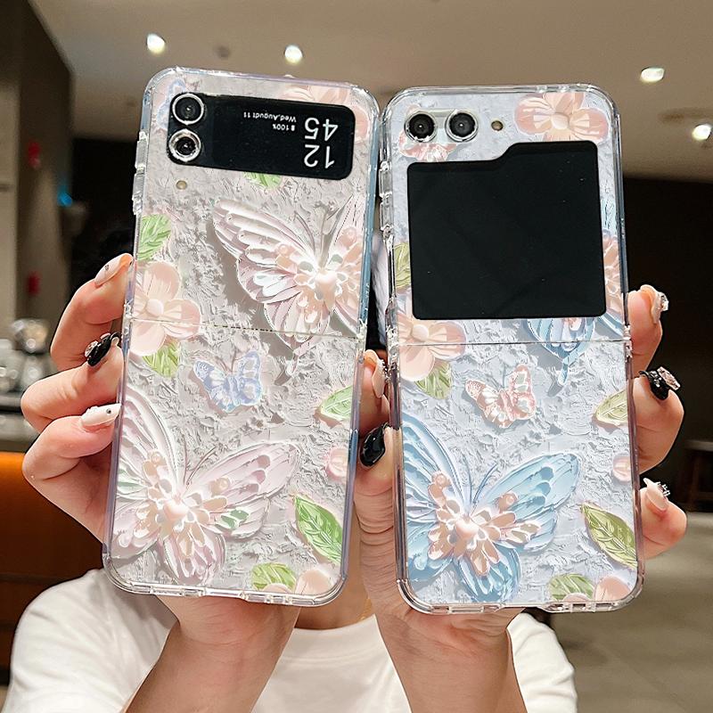 For Samsung Galaxy Z Flip 6 5 4 3 Case Luxury Oil Painting Flower Butterfly Hard Clear Folding Cover For Samsung Z Flip6 Flip5
