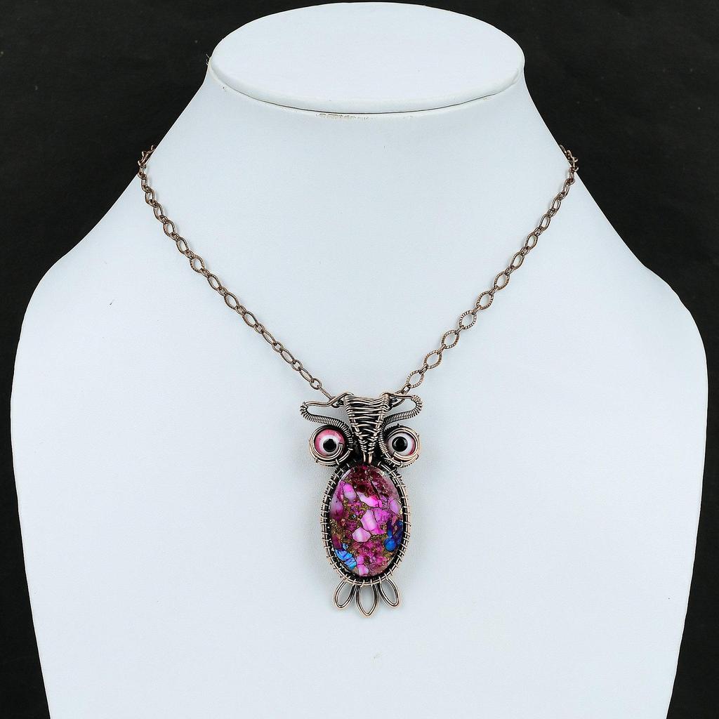 Kingman Pinke Dahlie Türkis Anhänger Kupferdraht gewickelter Anhänger Edelstein Eulenanhänger Handgefertigter Kupferschmuck Rosa Farbe Böser Blick Anhänger