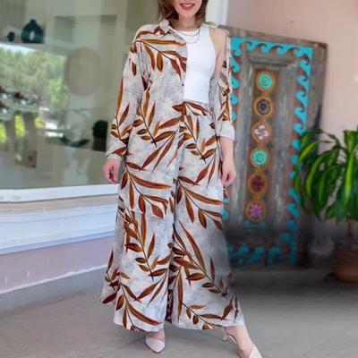 2 Pcs/Set Women Shirt Pants Set Turn-down Collar Single-breasted Leaf Print Long Sleeves Loose Mid Length Top Elastic Waist Wide Leg Trousers