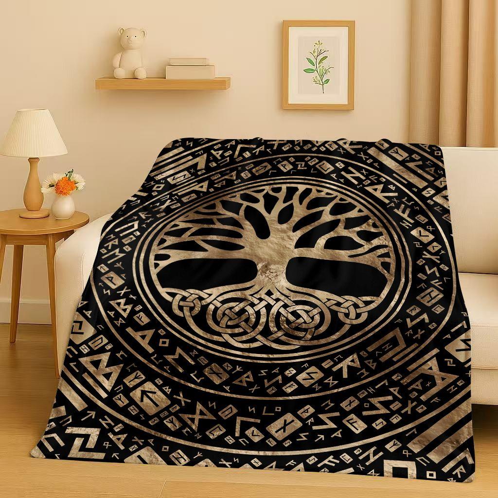Retro Kleurrijke Levensboom Yggdrasil Keltisch Runen Flanellen Deken, Ultra Zachte Pluche Plaid voor Huis Slaapkamer Bed Bank Cover Kinderen