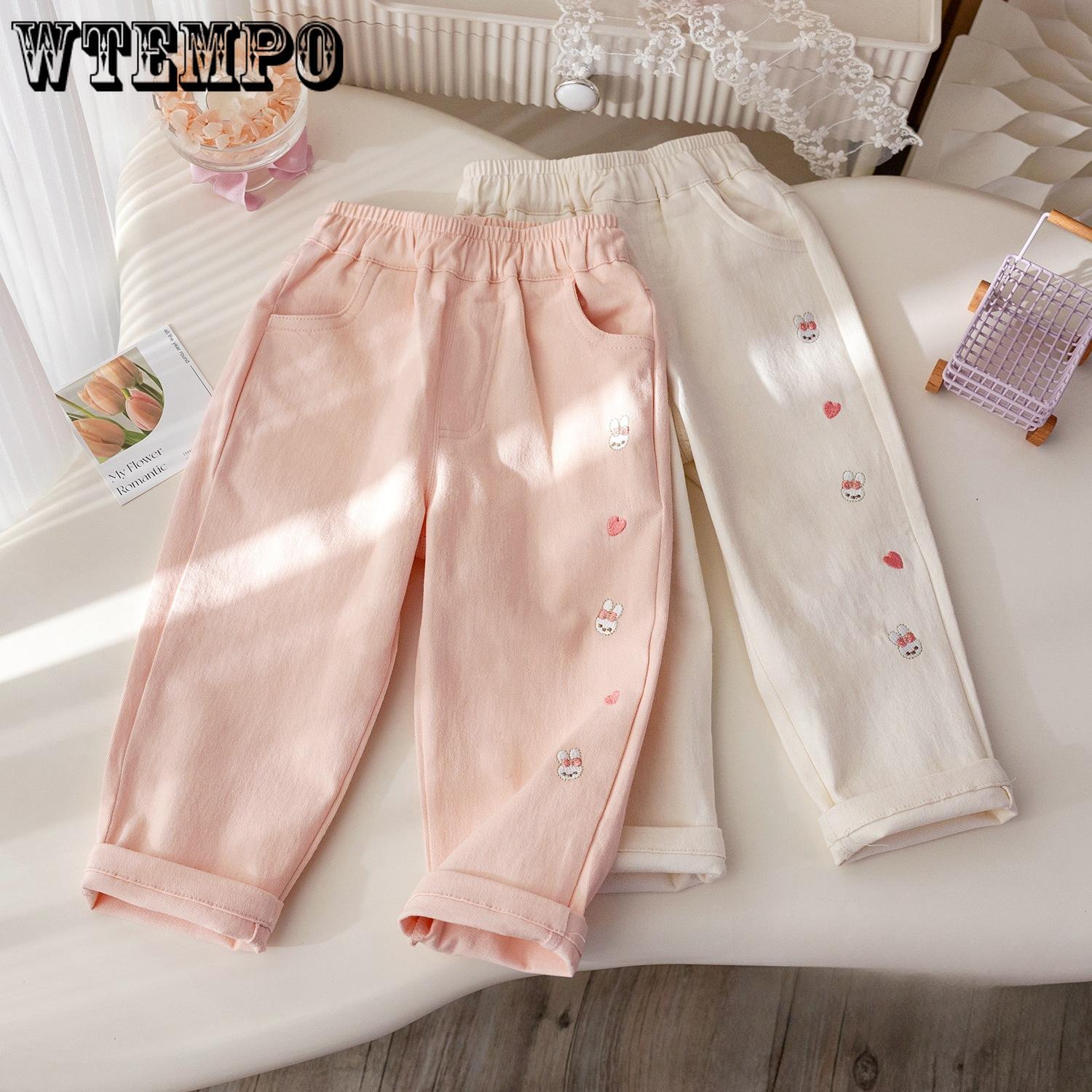 

Girls Pants Spring and Autumn Cute Bunny Embroidery Casual Pants Versatile Harlan Korean Fashionable Pants 90 бежевий