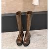 Horse leather leather thick-soled but knee knight boots women's round head slim boots rear zipper boots
