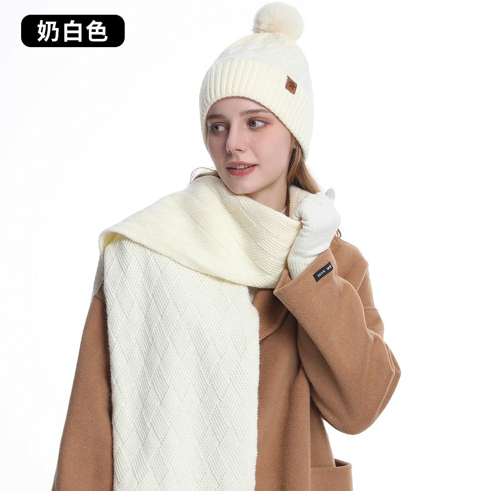 Autumn and Winter Wool Knitted Hat Warm Double Layer Piled Thickened Women's Hat Scarf Gloves Three-piece Set
