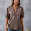 Summer V-neck T-shirt Fashion Embroidery Stitching Lace Blouse Women