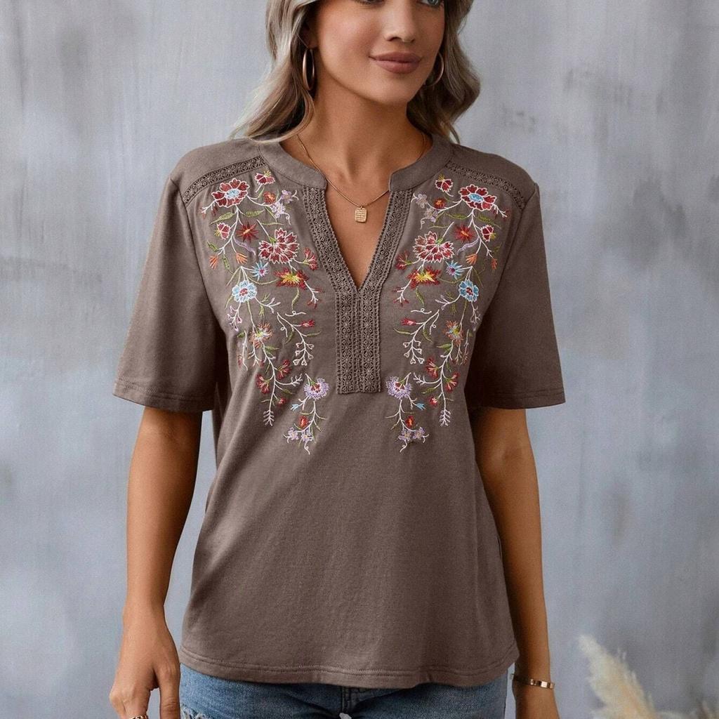 Summer V-neck T-shirt Fashion Embroidery Stitching Lace Blouse Women