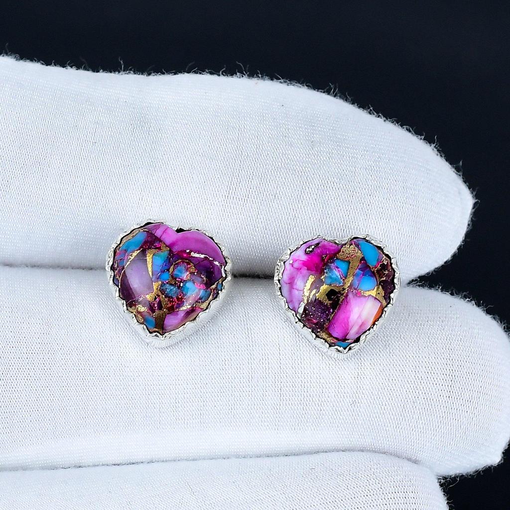 Kingman Spiny Turquoise Earrings | 925 Sterling Silver Stud Earrings | Handmade Gemstone Love Studs Heart Earrings | Boho Jewelry Valentine's Day Gift