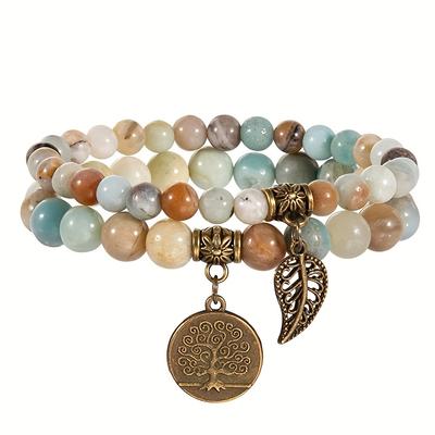 Pendant Birthday Gift Bracelet Set Friendship Bracelet 2PCS/Set Natural Stone Bracelets Round Bead Perfect Festival Anniversary Tree Of LifeLeaf