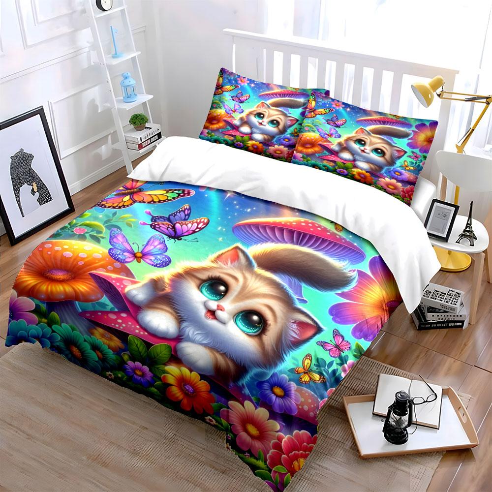 Cute Cat with Butterflies Design Bedding Duvet Cover Set (1*Duvet Cover 2*Pillowcases, Without Duvet Insert)