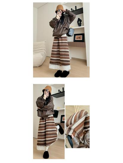 Women's Striped A-Line Skirt: Autumn/Winter 2025 High-Waist Wool Blend with Plus Velvet, Mid-Length Slimming Umbrella Style