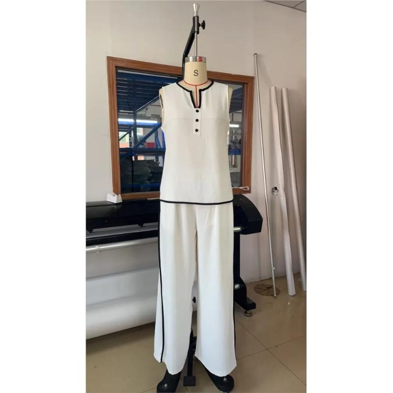 Casual Women Blocking Loose Sleeveless Button Vest Elastic Waist Wide Leg Pants Two Peice Set Summer V Neck Ladies Outfit