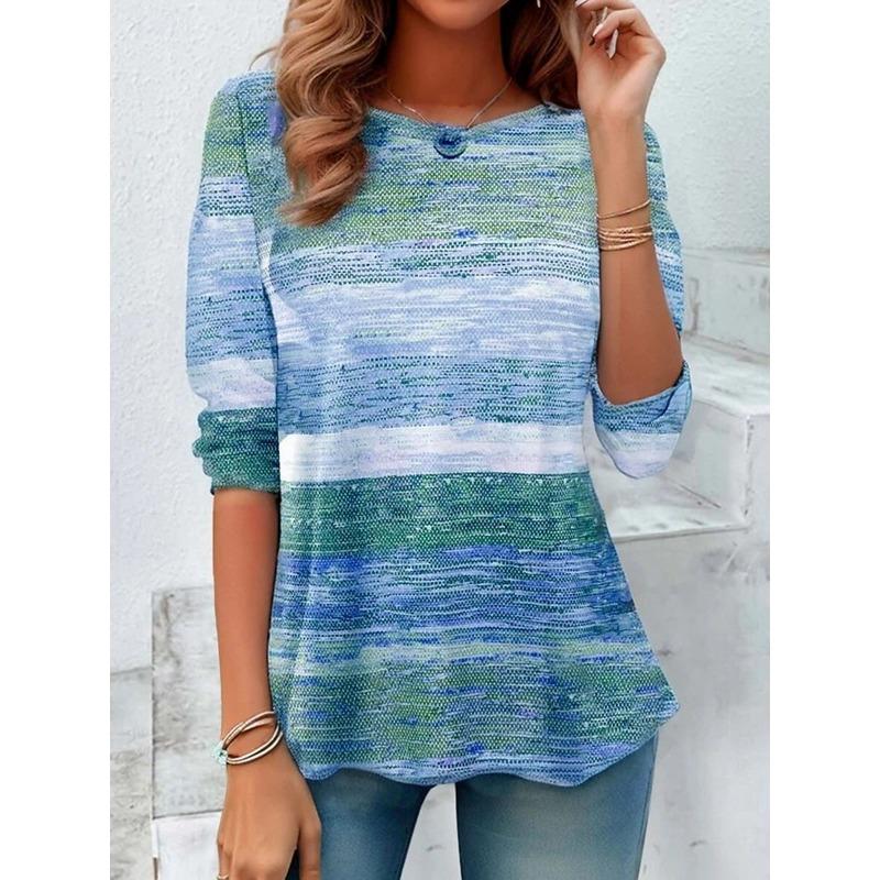 Women's Casual T-shirt 3D Printed stripe prints Round Neck Retro Elegant Long Sleeves Women's Fashion Pullover Long Sleeve Tops