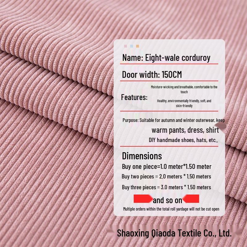 Corduroy 8-Wale Non-Stretch Fabric for Shirts, Jackets, Sofa Covers, Cotton Pants, and Toys.