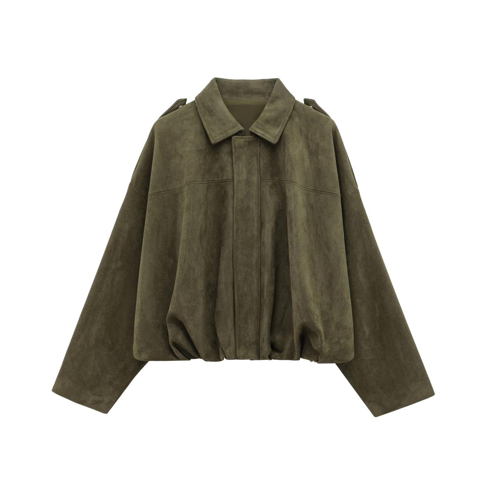 Brown Suede Faux Leather Jacket with Snap Closure S армия зеленый
