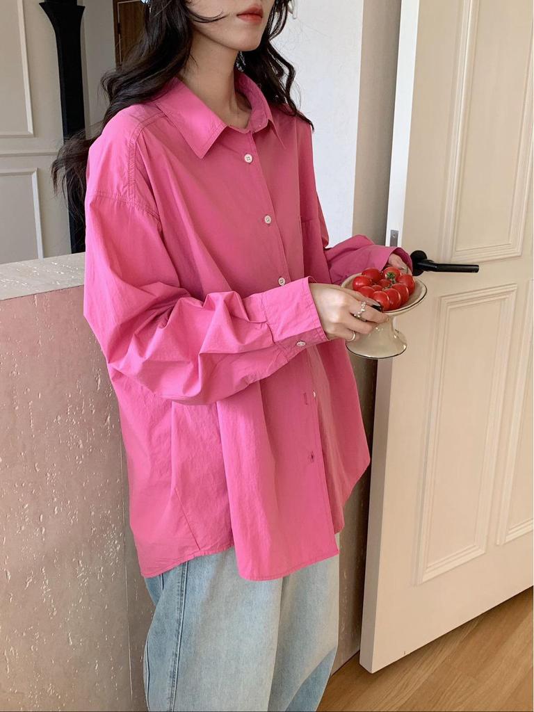 Spring Oversized Korean Style Solid Color Loose Long Sleeve Shirt for Women