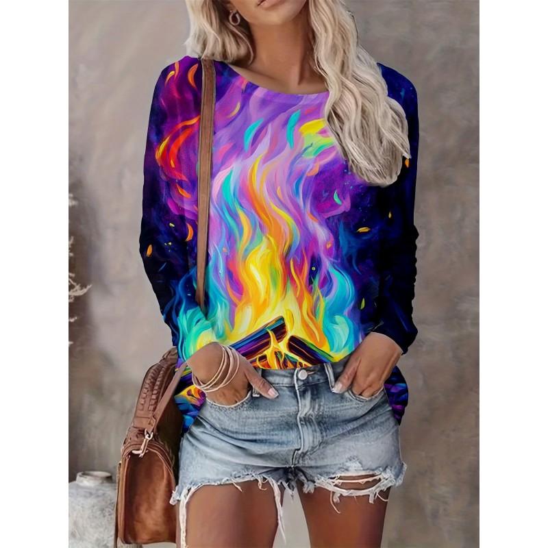 Abstract Tie-Dye 3D Digital Print Loose Fit Womens Crew Neck Long Sleeve T-Shirt Casual Comfort Top
