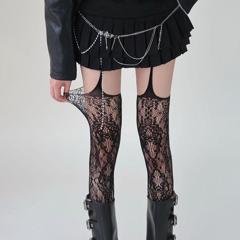 New Print Brown Fishnet Stockings Women Sexy Coffee Hollow Out Thigh High Socks Gothic Lolita Japanese Over The Knee Long Socks