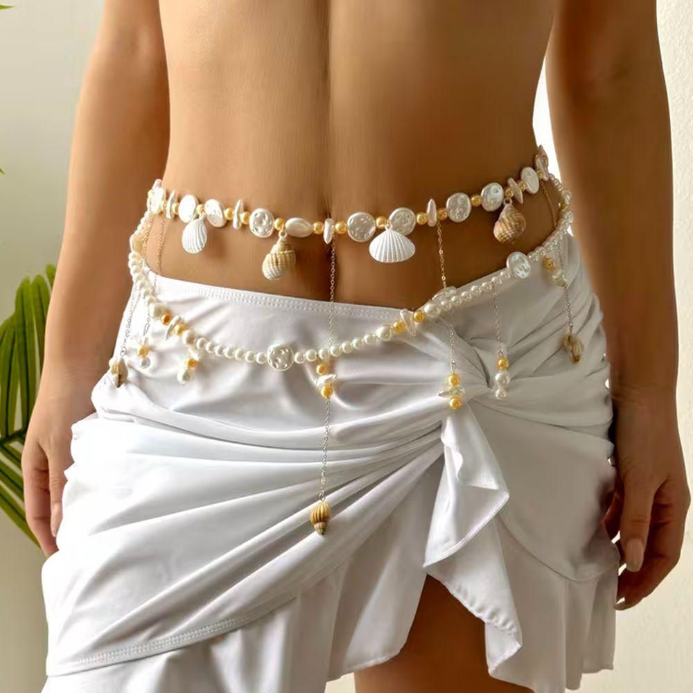 Elegant Double Layer Seashell Waist Chain Conch Pendant Belly Chain Ocean Themed Body Chain  Women