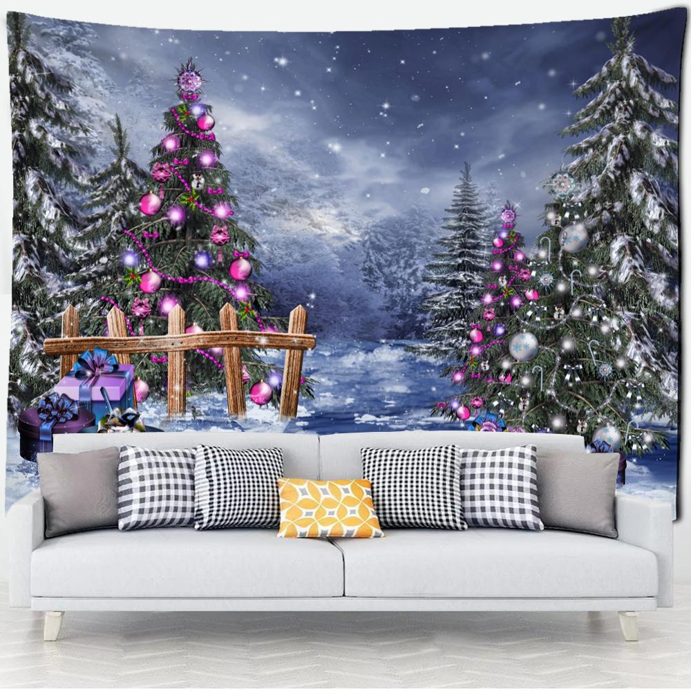 Christmas Snowman Tapestry Illustration Psychedelic Forest Wall Hanging Cute Cartoon Holiday Gift Living Roomdedroom Home Decor