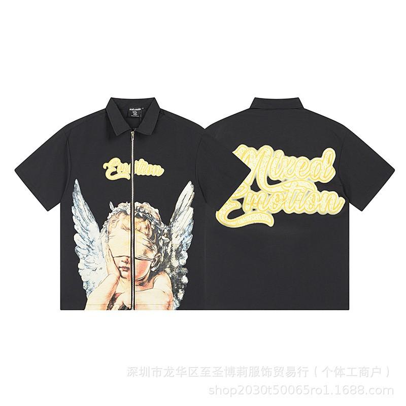 Unisex Vintage American Style Loose Fit Cotton Tee With Embellished Letter Print Round Neck Short Sleeve
