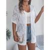 Summer Hollow Plaid Short-sleeved Knitted Cardigan Beach Sun Protection Shirt