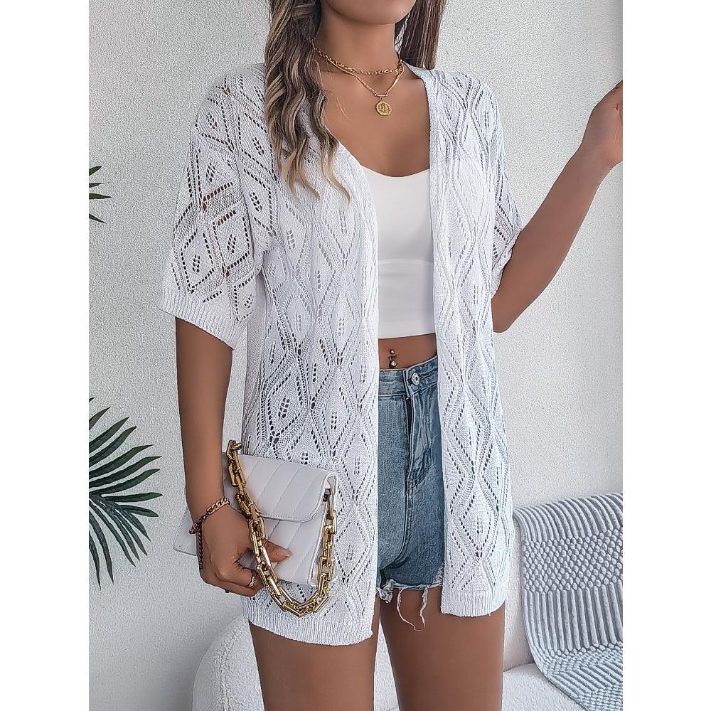 Summer Hollow Plaid Short-sleeved Knitted Cardigan Beach Sun Protection Shirt