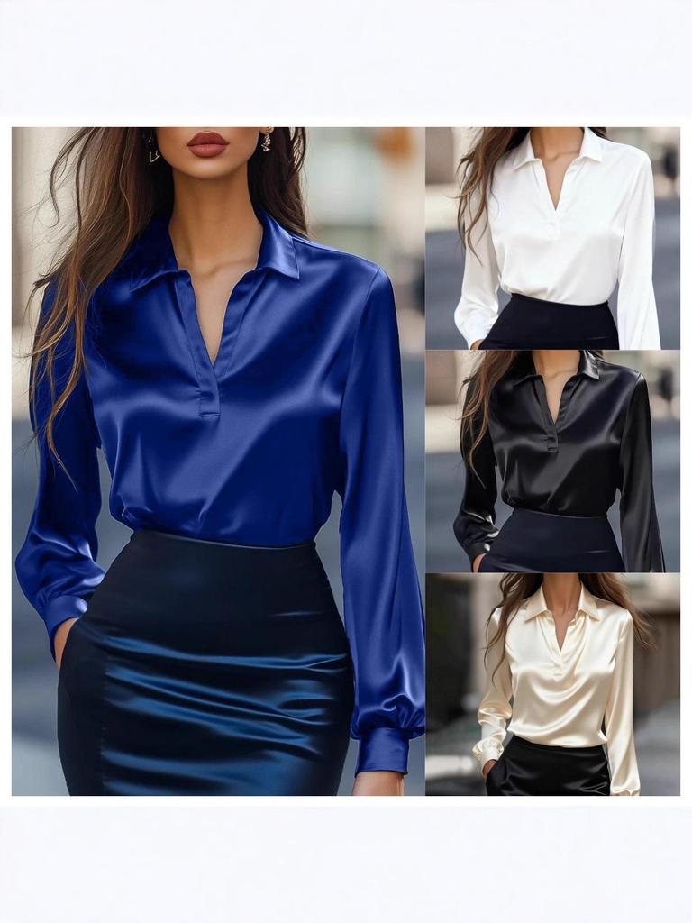Autumn 2025 European & American Satin V-Neck Long-Sleeve Blouse - Women's Fashion