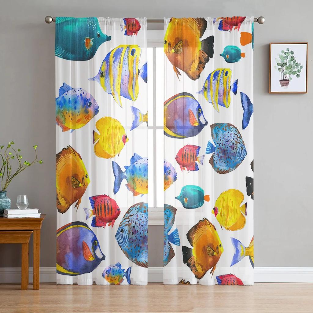 Carp Animal Fish Geometric Tulle Curtains For Living Room Sheer Curtain Bedroom Voile Decorative Window Treatments