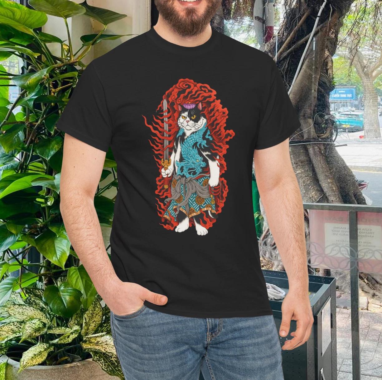 Samurai Cat T- Shirt – Japanese Warrior Cat with Dragon and Flames Design 2XL