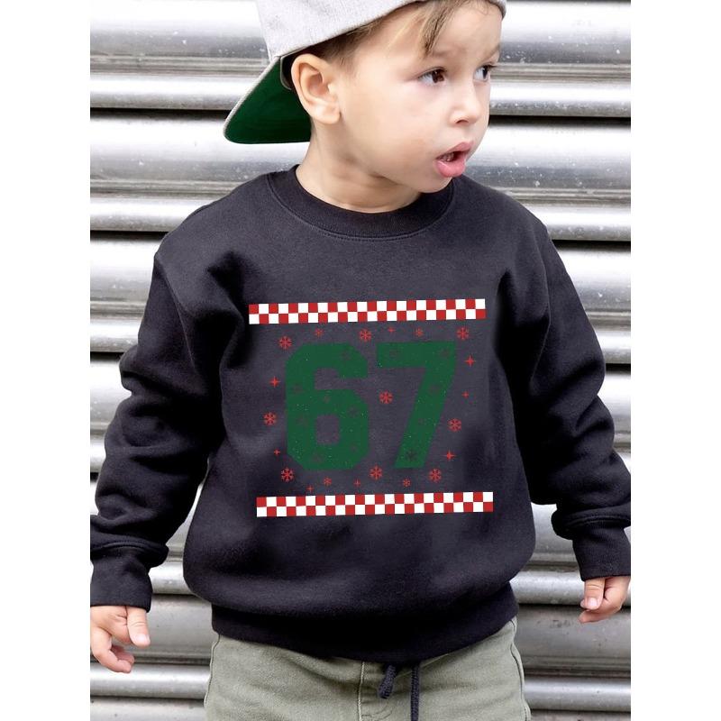 Christmas Kids Sweatshirt Over 4Y Unisex Boys Girls Green Snowflake Number 67 Checker Border Graphic Crewneck Soft Fleece Pullover For 4-12 Children