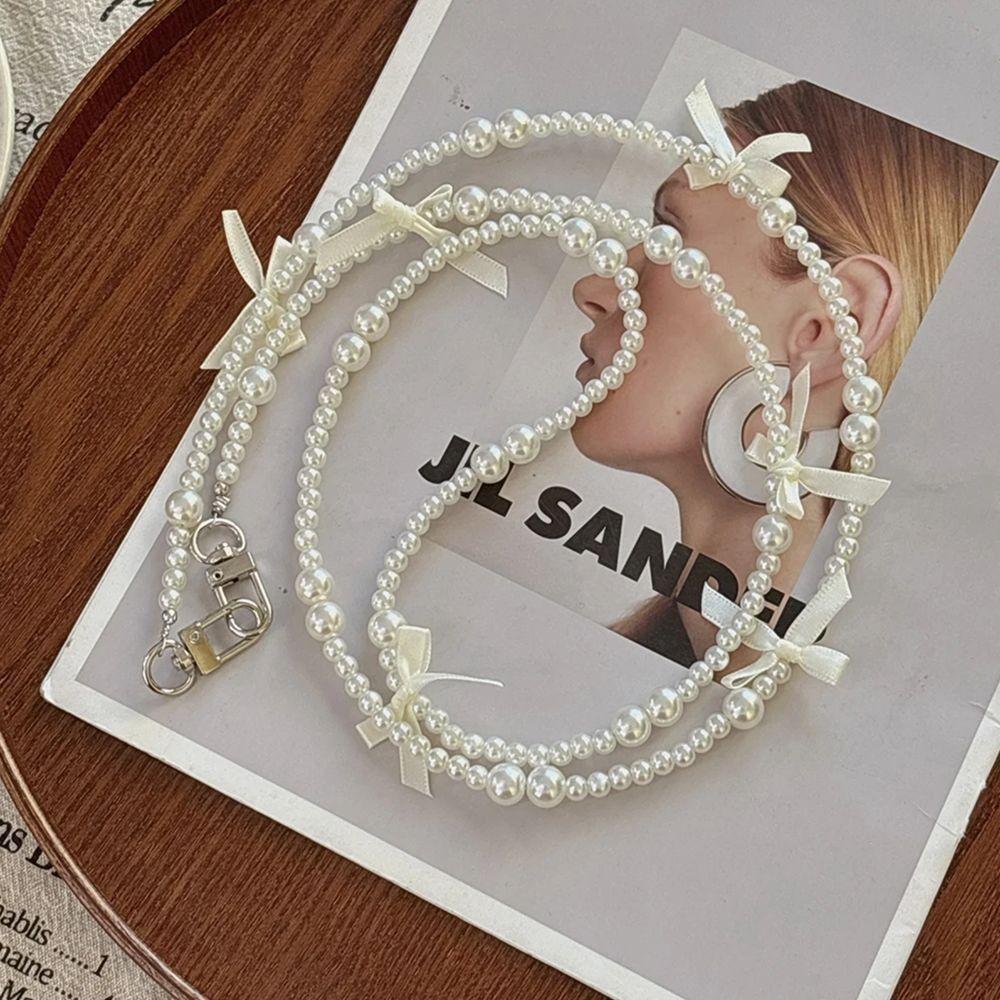 Pearl Bowknot Wallet Necklace Chain Bag Accessory Phone Anti Loss Lanyard  Wallet