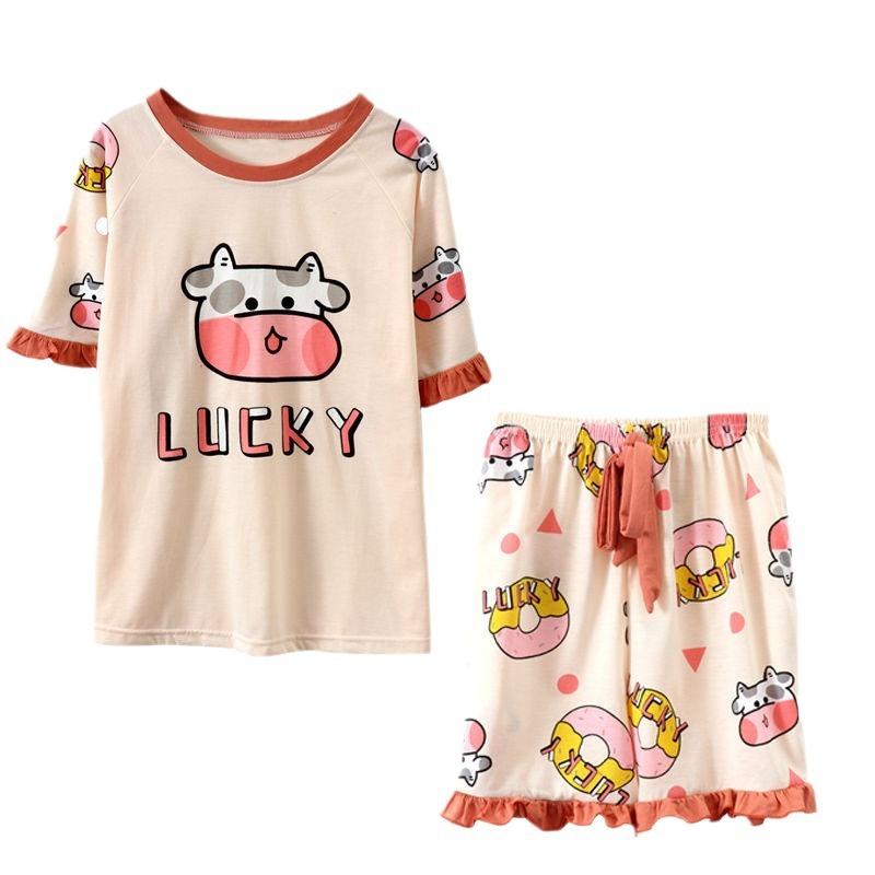 Damen Pyjama Sommer Kurzarm Dünn Locker Lässig Bequem Homewear
